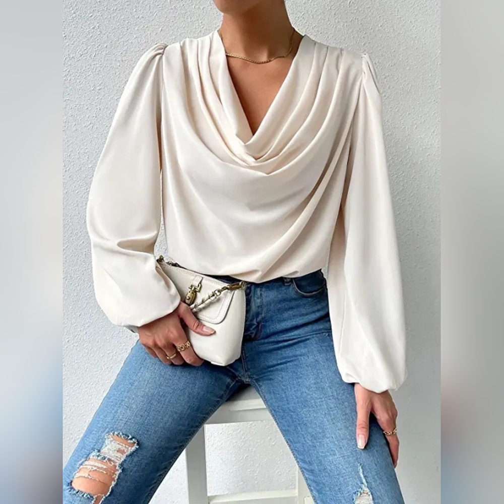 Women's Full Size Chic Cream Drape Neck Blouse